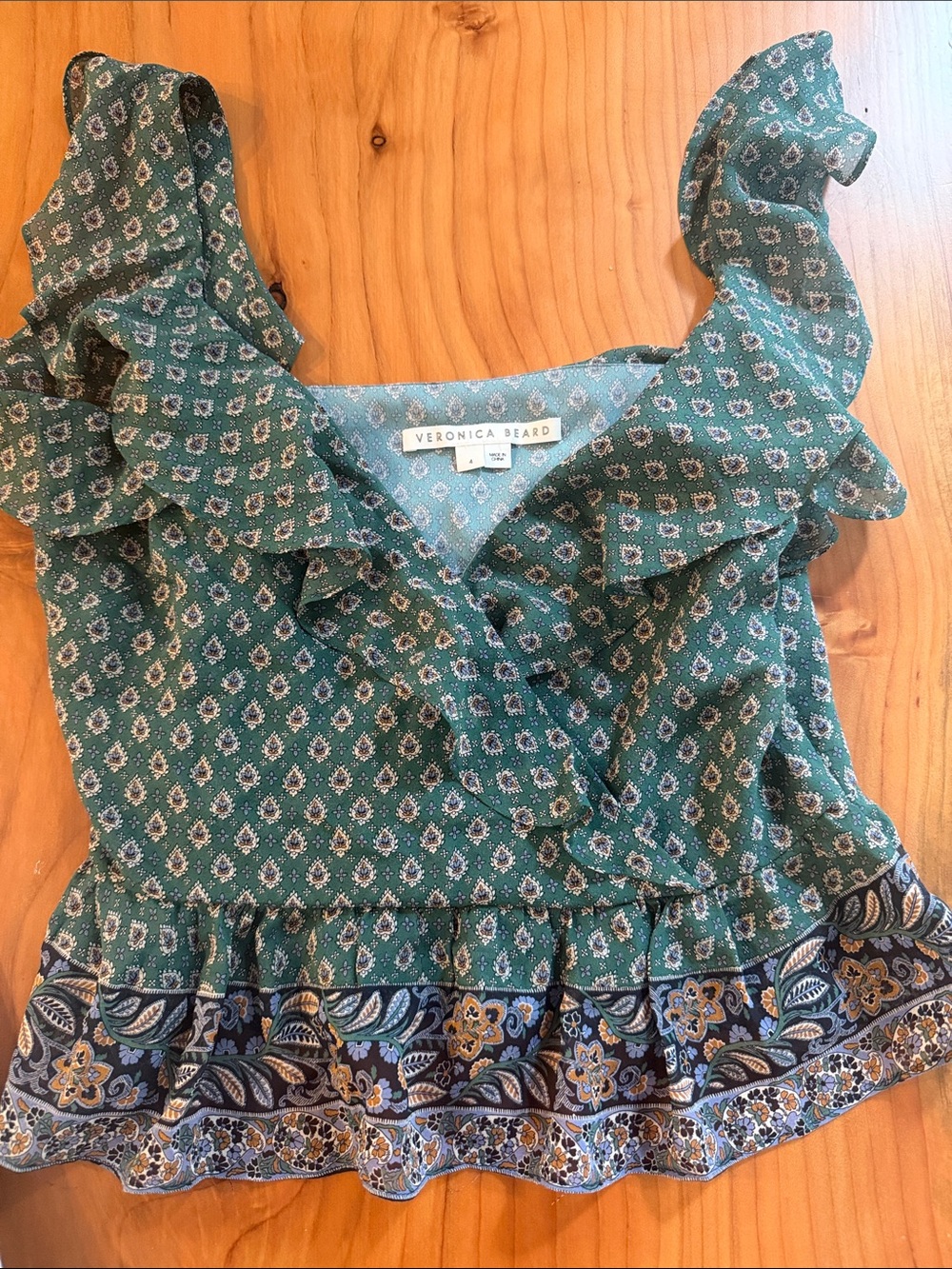 Veronica Beard Green Printed Ruffle Wrap Camisole